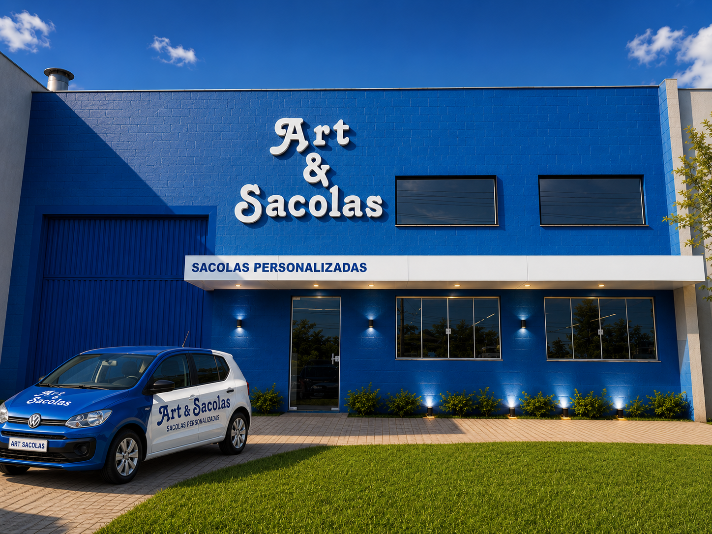 Fachada da Art Sacolas — galpão azul com carro de entrega brandado