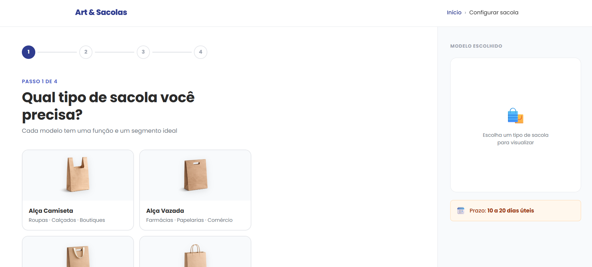Configurador de sacolas — passo 1 de 4: escolha do modelo