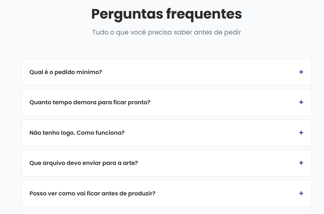 Seção de perguntas frequentes — dúvidas antes de pedir