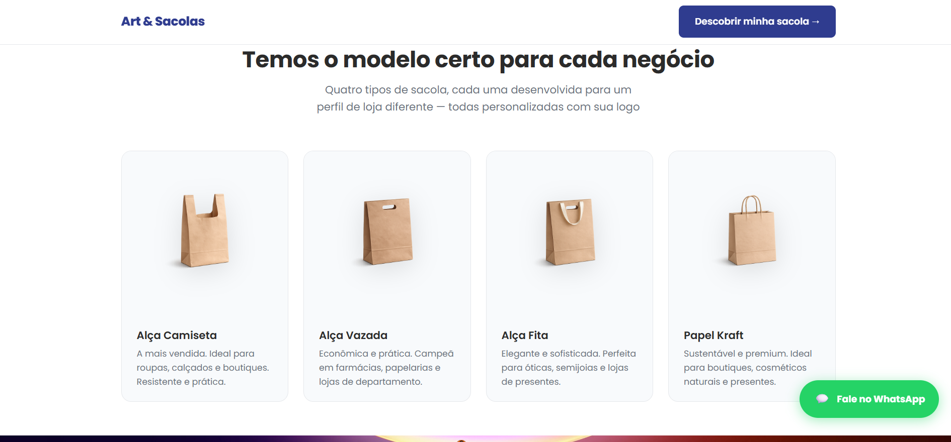 Página de modelos: Alça Camiseta, Alça Vazada, Alça Fita e Papel Kraft