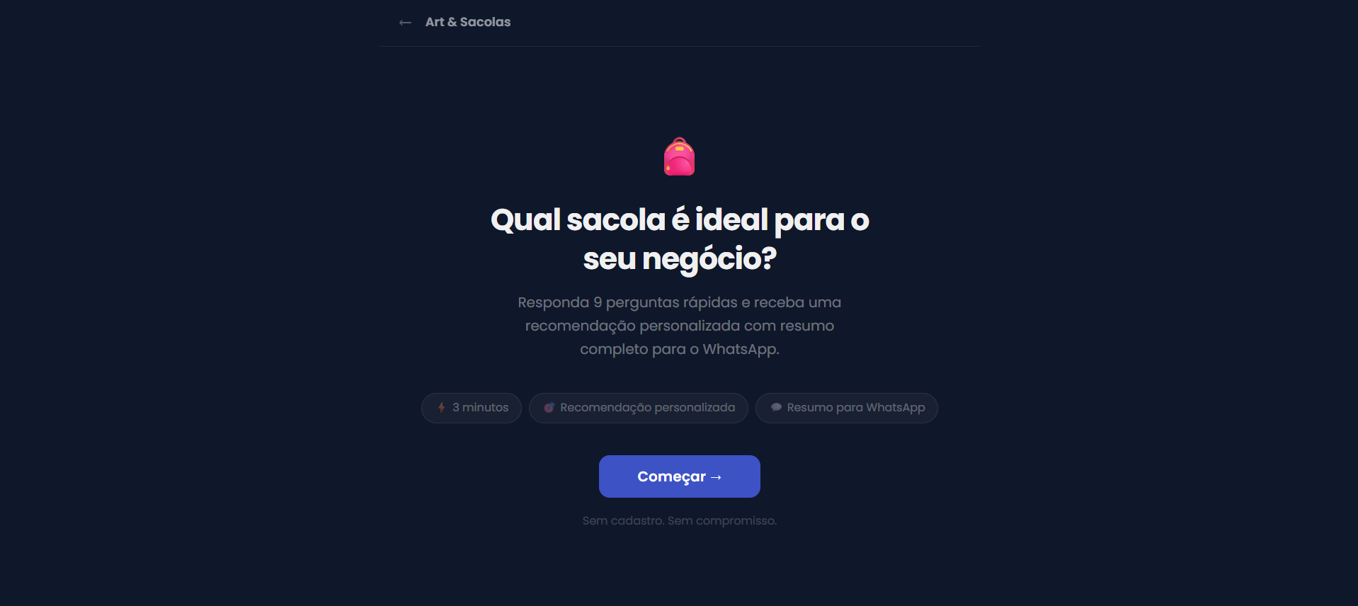 Tela de entrada do quiz consultivo: 'Qual sacola é ideal para o seu negócio?'