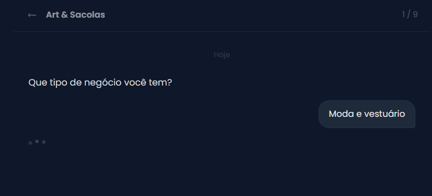 Quiz em uso — pergunta 1: 'Que tipo de negócio você tem?', resposta: Moda e vestuário