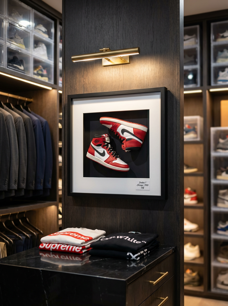 Tênis Jordan emoldurado em closet